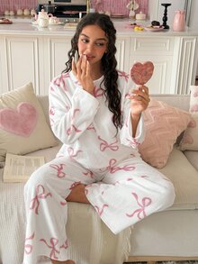 SweetSlumber Women's Ins Sweet Bow Flannel Long Sleeve Round Neck Pants Pajama Set - White - View 5