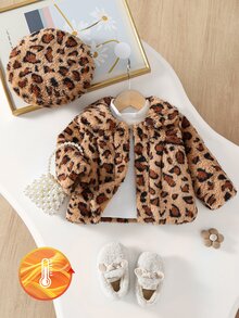SHEIN طقم جاكيت للبنات الرضع، جاكيت كارديجان فرو ناعم لطيف وحلو، بيج وخاكي مطبوع، معطف منفوخ - بني - مشاهدة 3