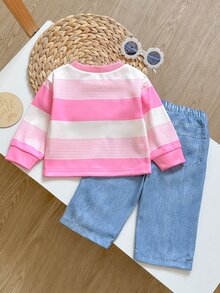 SHEIN Playful Pals 女嬰 T 恤套裝 2 件組 牛仔休閒套頭條紋印花長袖戶外穿搭套裝 卡其色與灰色配色 - 粉色 - 查看 2