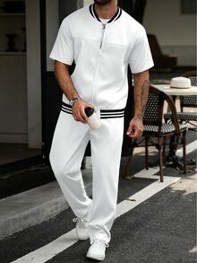 Manfinity CasualCool 男士拼接條紋棒球領短袖拉鍊上衣與長褲休閒套裝 - 白色 - 查看 6