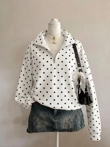 Attitoon 休閒黑白波點圖案經典半拉鍊運動衫，大尺碼女款白色運動衫，Y2K風格，復古，街頭風，適合日常通勤、約會、派對，秋冬穿著 - 白色 - 查看 1