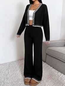 CovetEZ 女款 2 件式毛衣套裝，條紋飾邊設計外套搭配純色長褲，都市文藝街頭風休閒時尚創意個性街頭穿搭 - 黑色 - 查看 4