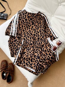 Soleia Women's Round Neck Short Sleeve Leopard Print Top And Shorts 2 Pieces Set - Multicolor - View 1