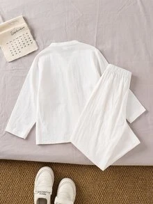 Young Boy Letter Patched Drop Shoulder Shirt & Pants Set - White - View 4