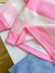 SHEIN Playful Pals 女嬰 T 恤套裝 2 件組 牛仔休閒套頭條紋印花長袖戶外穿搭套裝 卡其色與灰色配色 - 粉色 - 查看 6