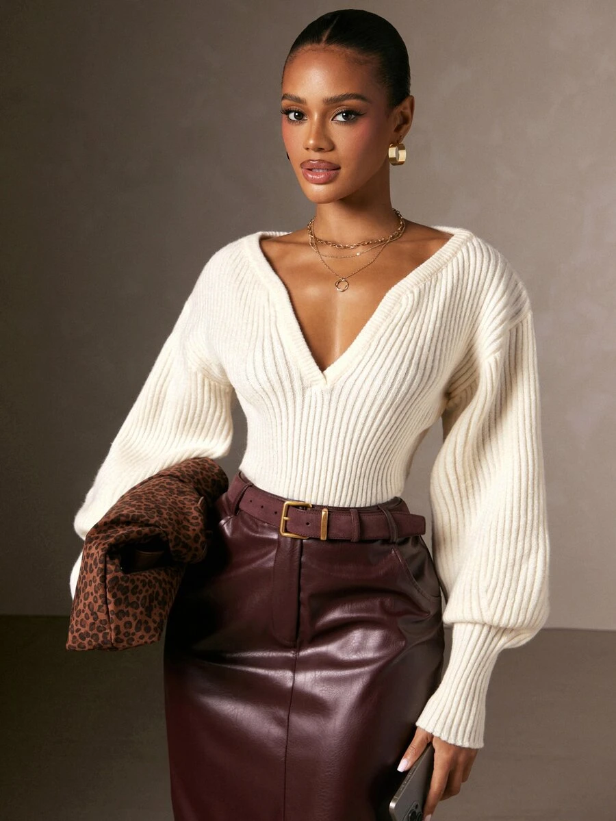 Hauture Women's Elegant Autumn/Winter V-Neck Lantern Sleeve Ribbed Sexy Casual Sweater Top, Perfect For Chic Office Wear, Going Out, Concerts, Dinners - Apricot - View 1