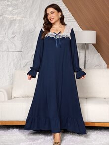 Lacomfia Plus Size Women's Loose Casual A-Line Square Neck Long Sleeve Colorblock Patchwork Knit Dress, Autumn - Navy Blue - View 5