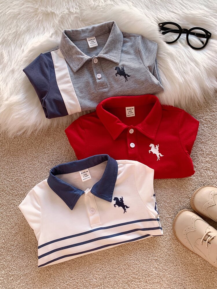 SHEIN 3pcs Baby Boy Autumn/Winter Casual Knit Soft Collar Short Sleeve Pullover Polo Shirt Set, Red Polo Shirt - Multicolor - View 6