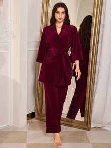 LuxeNights Purple Velvet Long Sleeve Pants Elegant Women's Pajama Set - Red Violet - View 5