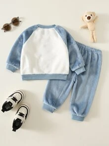 2pcs Baby Boy Autumn/Winter Color Block Cute Cartoon Dinosaur Embroidered Pattern Crew Neck Long Sleeve Pullover Sweatshirt Elastic Waist Long Pants Tracksuits - Multicolor - View 2