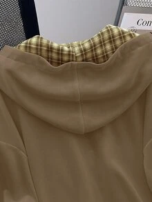 GlowEve 時尚新款休閒風長袖對比格紋拉鍊字母印花女款運動衫 - 卡其色 - 查看 6