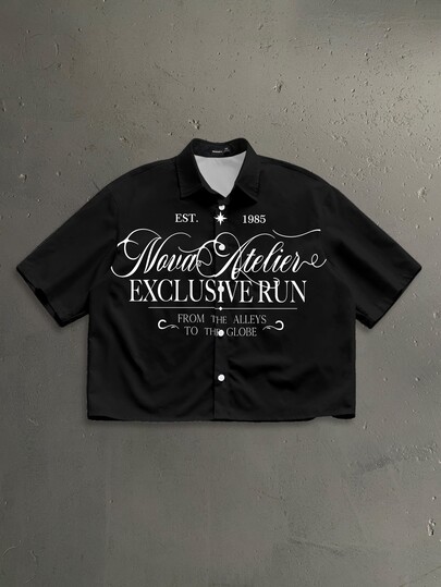 StoneGrade American Vintage English Cursive Letter Fashion Print Men's Black Standard Size Cropped Loose Fit Short Sleeve Shirt