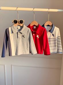 SHEIN 3件組男嬰秋冬休閒針織軟領短袖套頭 Polo 衫套裝，紅色 Polo 衫 - 彩色 - 查看 8