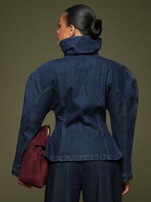 Hauture Women's High Neck Zipper Streetwear Denim Jacket - Dark Wash - View 4