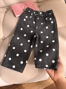 SHEIN Vintaside Kids 女嬰牛仔長褲，四季皆宜，柔軟棉質，休閒時尚百搭舒適，極簡風彈性腰頭，經典五口袋款式，棕色波點印花布料，寬鬆直筒版型，杏色水洗軟牛仔，適合日常穿著與度假 - 彩色 - 查看 3