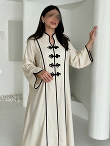 Al Najma Women's Apricot Colorblock Stand Collar Loose Fit Contrast Trim Long Sleeve Frog Button Romantic Elegant Plus Size Dress - Apricot - View 7