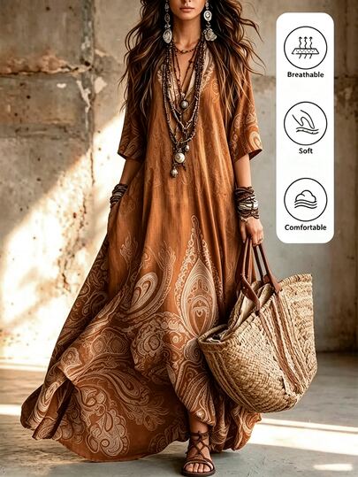 Omancia Gaun Liburan Pantai Bohemian Kasual Vintage Warna Cokelat Muda yang Dicuci, Motif Paisley, Leher V, Bahu Jatuh, Lengan Midi, Longgar, Ukuran Besar, Hem Mengalir