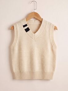 SHEIN 兒童小男孩休閒學院風百搭灰色條紋針織背心毛衣，適合春季、秋季、冬季與返校季 - 杏色 - 查看 3