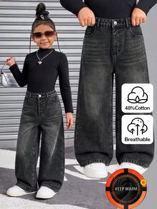 Girls' Casual Basic Comfortable Elegant Fresh Wide Leg Loose Hem Academy Style Pure White Denim Jeans - Black - View 6