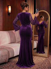 Comfylo Women's Plus Size Lace Patchwork Bell Sleeve Pearl Decor Long Party Elegant Dress - Purple - View 2