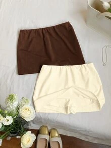 SHEIN EZwear 2件組女款純色休閒百搭裙褲 - 棕色 - 查看 5