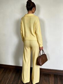 Sunnyshic Cream Yellow Soft V-Neck Loose Knit Sweater 2 Pieces Set - Yellow - View 2