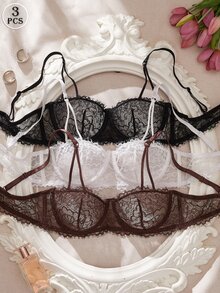 SHEIN 3 قطع حمالة صدر نسائية بتصميم قوطي مع دانتيل زهري وكؤوس مثلثية بسلك معدني - متعدد الألوان - مشاهدة 4