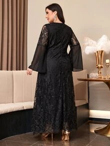 Reflora Plus Size Women's V-Neck Lace Patchwork Fashion Elegant Dress Fall - Black - View 3