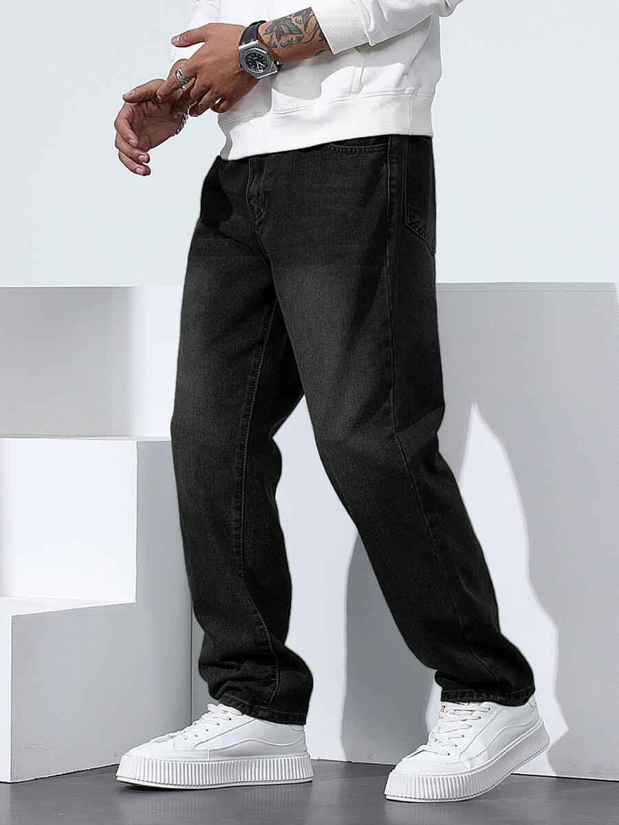 Manfinity Homme Men's Plus Size Washed Black Denim Straight Leg Jeans - Black - View 1