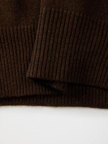 SHEIN Wrap‑Front V‑Neck Lantern Long Sleeve Cropped Knit Sweater, Solid Knit Top For Women - Coffee Brown - View 4
