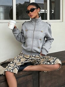 Muchica 女款灰色拿破崙拉鍊連帽衛衣，鈕扣裝飾，優雅休閒秋季長袖外套，適合城市度假旅行與戶外日常穿著 - 淺灰色 - 查看 5