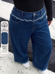 SHEIN 青少年女孩寬鬆直筒毛邊牛仔褲，彈性腰帶設計，深藍色水洗丹寧布料，休閒時尚極簡風格，寬腿版型，輕盈柔軟舒適的高級棉質丹寧材質，百搭日常穿著，可搭配T恤，適合秋冬假期、日常出遊、通勤、聚會、學校、大學、返校季 - 深色水洗藍 - 查看 1