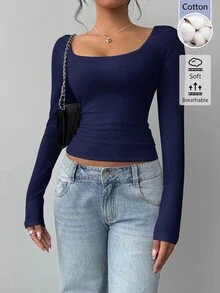 SHEIN BASICS 女款純色方領長袖修身簡約百搭 T-shirt，日常穿搭，海軍藍，秋冬保暖 - 藍色 - 查看 7