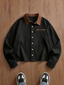 EASEVO Men's Plus Size Lapel Collar Metal Button Design Shacket - Black - View 1