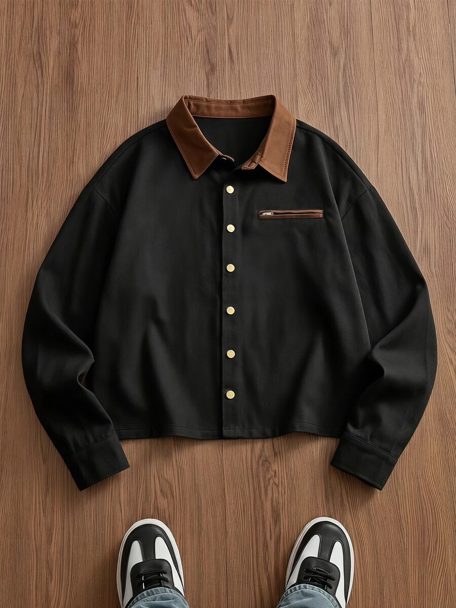 EASEVO Men's Plus Size Lapel Collar Metal Button Design Shacket - Black - View 1