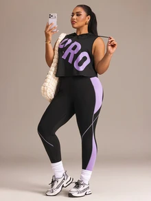 SHEIN Rhythm Era Women's Sports Yoga Outdoor Gym Workout Set Drawstring Hooded Sleeveless Loose Sweatshirt With Curved Chest Colorblock Design And Tight Leggings With Line And Colorblock Contrast - Multicolor - View 7