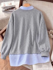 Lacomfia Sweatshirt Wanita 2 in 1 dengan Kerah Kemeja, Motif Blok Warna Biru & Putih Bergaris, Gaya Kampus, Serbaguna, Ukuran Plus - Grey - View 2