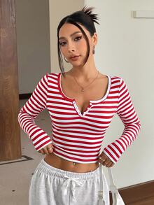 SHEIN EZwear 女款新款棉感休閒白色與紅色條紋半鈕扣長袖T恤，秋冬款 - 紅色 - 查看 6