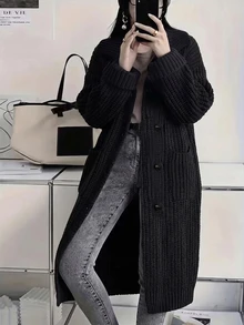 Balvessa Women's Loose Collar Mid-Length Knit Cardigan, Thick Chunky Stripe Design, Button Front Open Sweater Jacket With Pockets, Casual Street Style Autumn/Winter Daily Wear - Black - View 5