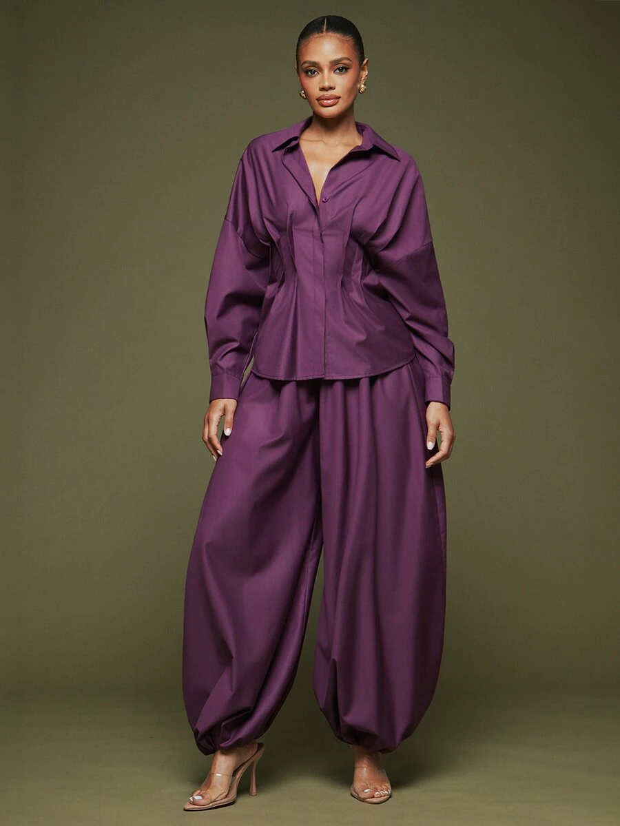 Hauture Women's Sexy Casual Solid Color Gathered Loose Oversized Balloon Pant - Purple - View 1