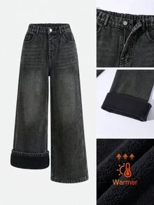 Girls' Casual Basic Comfortable Elegant Fresh Wide Leg Loose Hem Academy Style Pure White Denim Jeans - Black - View 3