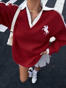 Muchica 女款秋冬保暖內裡撞色織帶刺繡寬鬆版型 Polo 領運動衫 - 酒紅色 - 查看 4