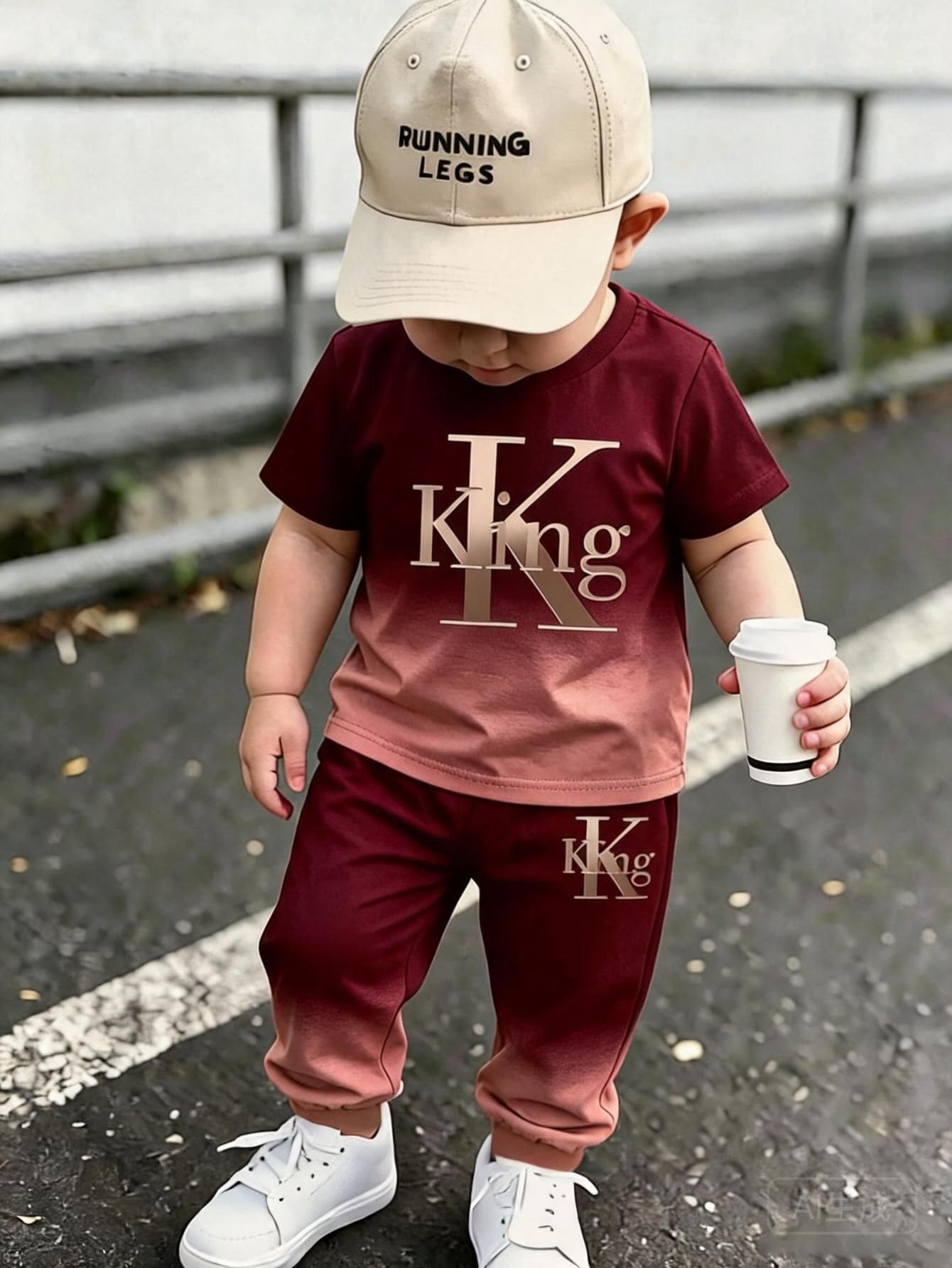 1套男嬰休閒時尚極簡字母KING印花漸層圓領短袖T恤與配套長褲,柔軟夏秋套裝 - 彩色 - 查看 1