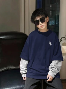 SHEIN Little Byeori 兒童青少年男孩休閒學院風復古圓領長袖套頭T恤，寬鬆條紋款，適合春秋秋冬，適用於學校、家庭聚會、運動、生日派對 - 彩色 - 查看 2
