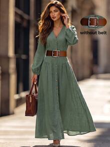 Editum Women's Elegant Button Pleated Waist Long Sleeve Dress - Dark Green - View 1