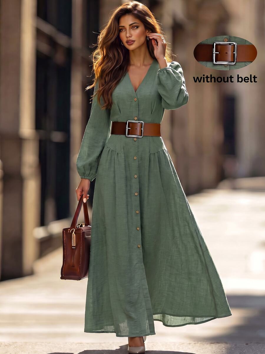 Editum Women's Elegant Button Pleated Waist Long Sleeve Dress - Dark Green - View 1