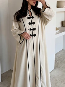 Al Najma Women's Apricot Colorblock Stand Collar Loose Fit Contrast Trim Long Sleeve Frog Button Romantic Elegant Plus Size Dress - Apricot - View 1