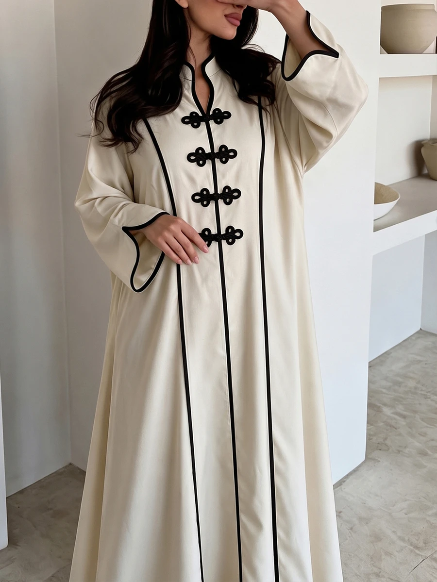 Al Najma Women's Apricot Colorblock Stand Collar Loose Fit Contrast Trim Long Sleeve Frog Button Romantic Elegant Plus Size Dress - Apricot - View 1