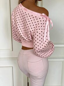CovetEZ 女款時尚不對稱肩領蝴蝶結裝飾波點短版運動衫 - 淺粉色 - 查看 2