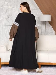 SHEIN Najma Plus Size Women's Loose Casual A-Line Round Neck Contrast Color Lace Puff Long Sleeve Patchwork Long Dress, Autumn - Black - View 2